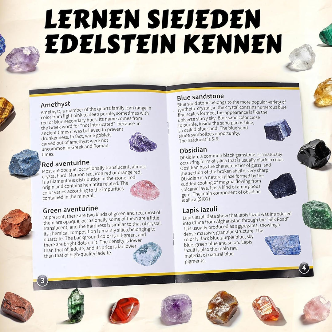 Ausgrabungsset für Kinder, 15+ Edelsteine & Kristalle, Komplettes Entdeckungs-Set mit Detailliertem