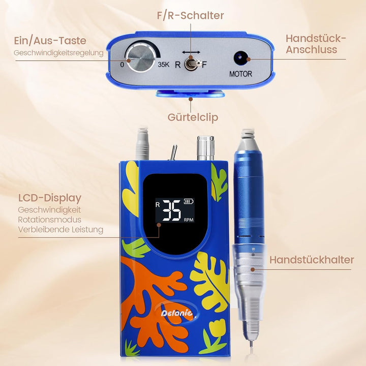Delanie Professioneller Nagelfräser 35000 U/min, Wiederaufladbarer Fräser für Gelnägel Nagellack, El