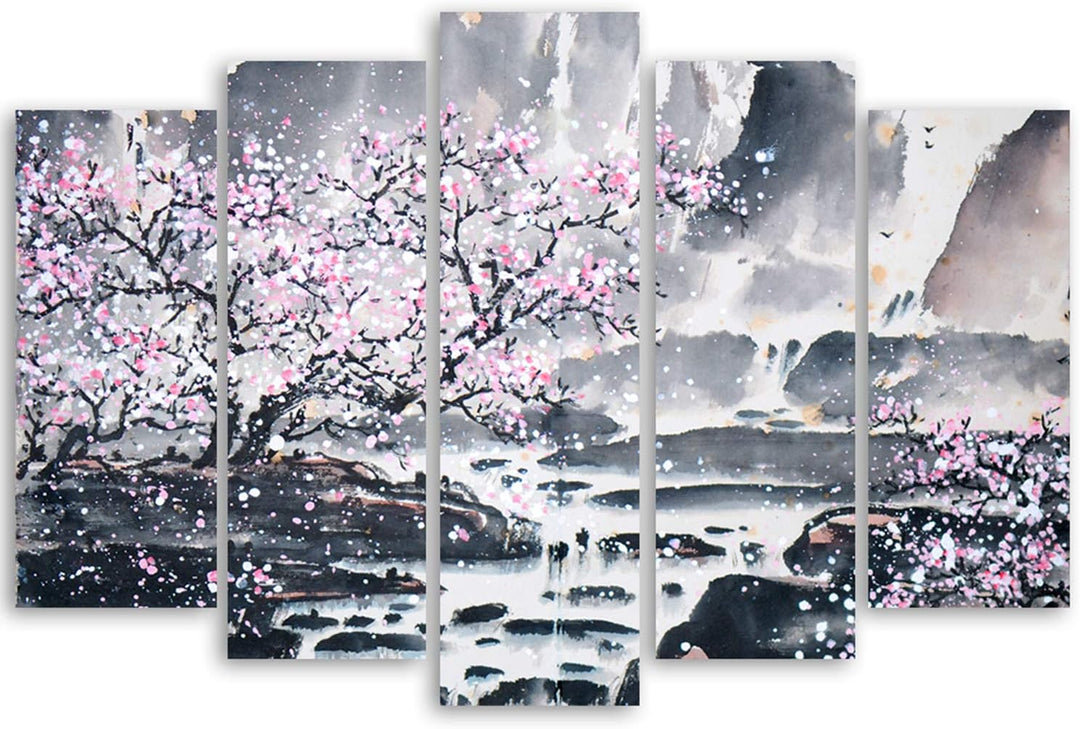 Feeby Frames, Leinwandbild Bilder Wand Bild - 5 Teile - Wandbilder Kunstdruck (KIRSCHBAUM, ROSA, GRA