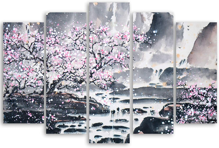 Feeby Frames, Leinwandbild Bilder Wand Bild - 5 Teile - Wandbilder Kunstdruck (KIRSCHBAUM, ROSA, GRA