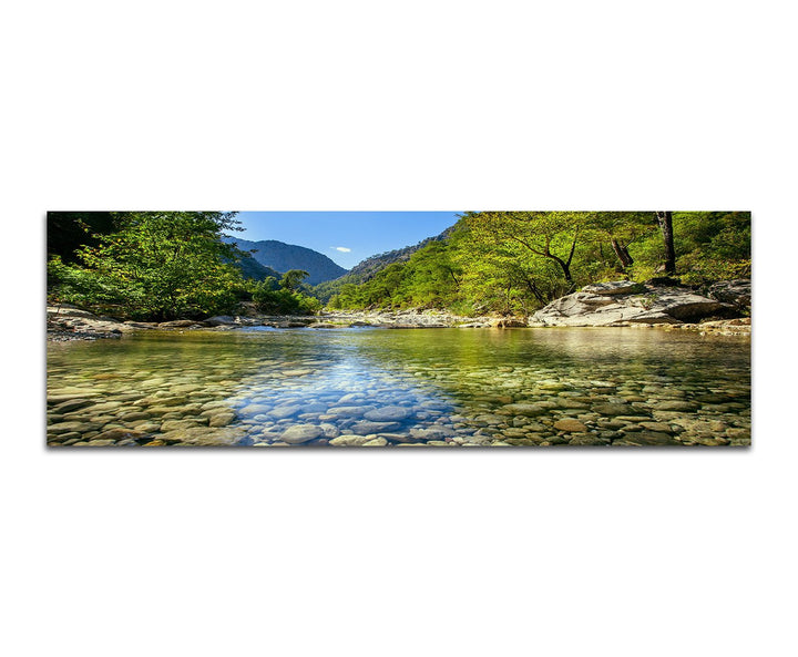 Paul Sinus Art Panoramabild auf Leinwand und Keilrahmen 150x50cm Wald Bach Steine Wildnis Natur Somm