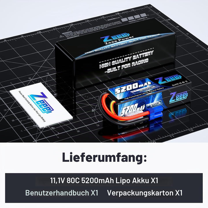Zeee 3S Lipo Akku 5200mAh 11,1V 80C mit EC5 Stecker Hartschalen RC Akku für RC Car Boot LKW Hubschra