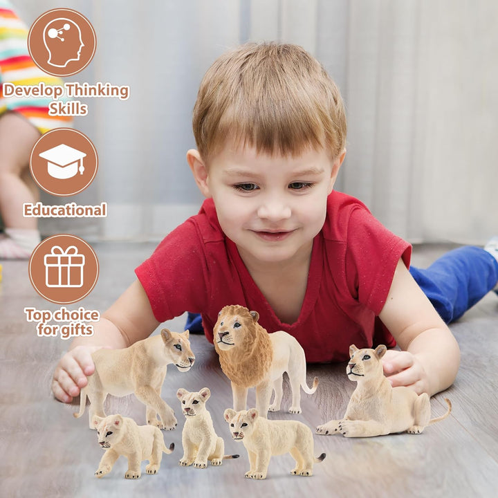 TOYMANY 6 Stück Weisser Löwe Tiere-Figuren mit Löwenbabys,Löwen Spielzeug Plastiktiere Zoo Wald Tier