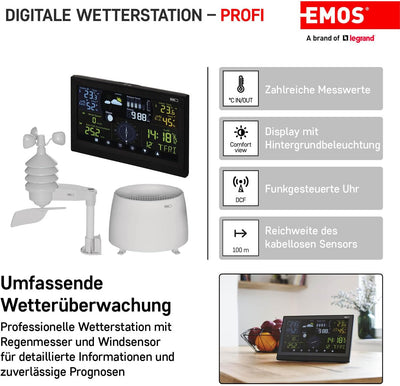 EMOS Profi Wetterstation Funk mit Aussensensor und Touchscreen-Farbdisplay, Windmesser, Regenmesser,