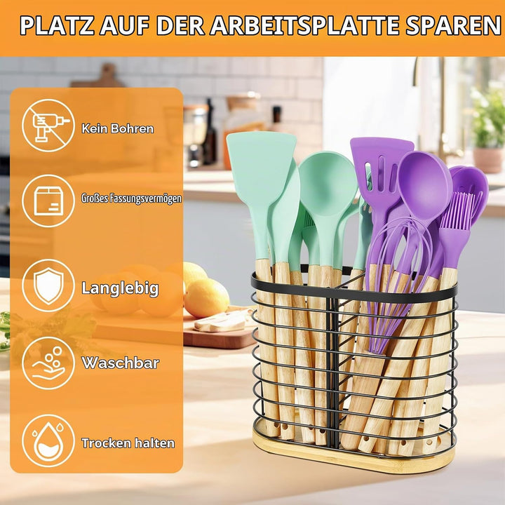 Utensilienhalter für Küchentheke，Küchenarbeitsplatte Utensil Organizer，grosse schwarze Edelstahl Ute