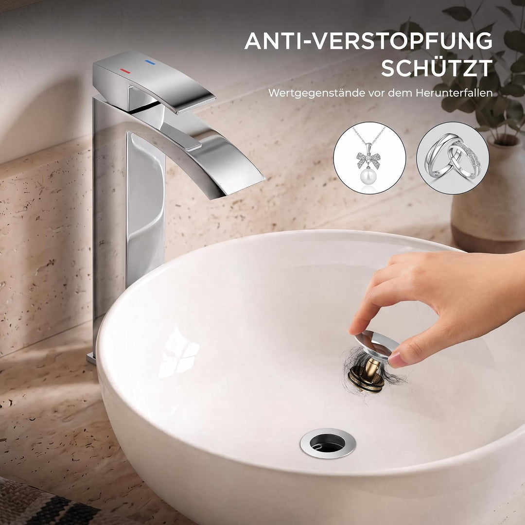 FORIOUS Wasserhahn Bad mit Ablaufgarnitur, Wasserfall Waschtischarmatur Hoch mit Auslauf Höhe 225 mm