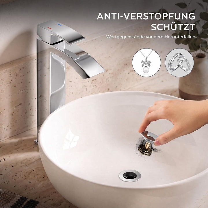 FORIOUS Wasserhahn Bad mit Ablaufgarnitur, Wasserfall Waschtischarmatur Hoch mit Auslauf Höhe 225 mm