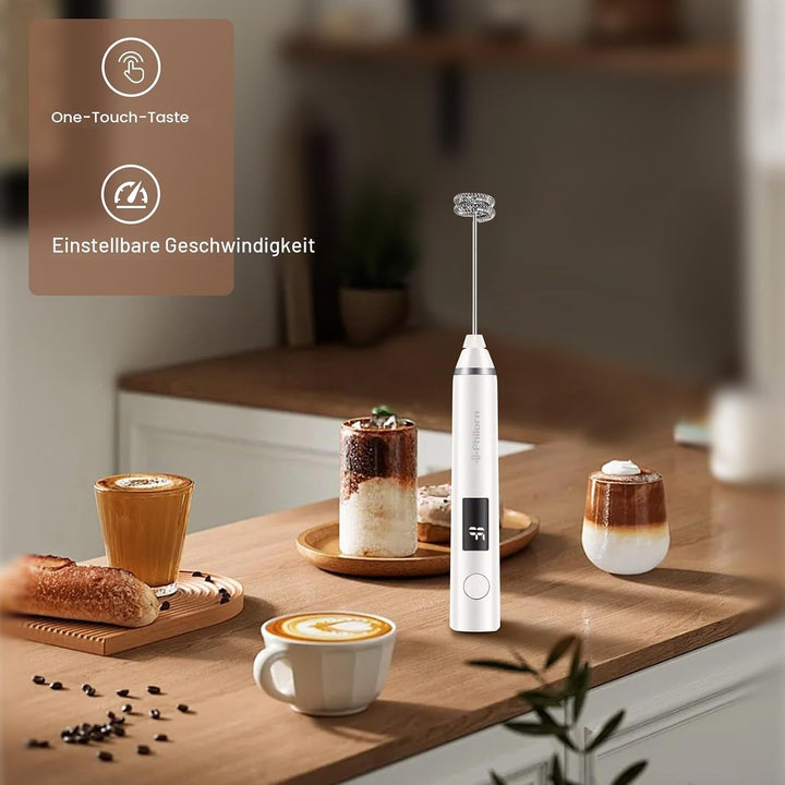 Philorn Elektrischer Milchaufschäumer Stab USB-C aufladbar mit LCD-Batterieanzeige -2 Aufsätzen, 3 S