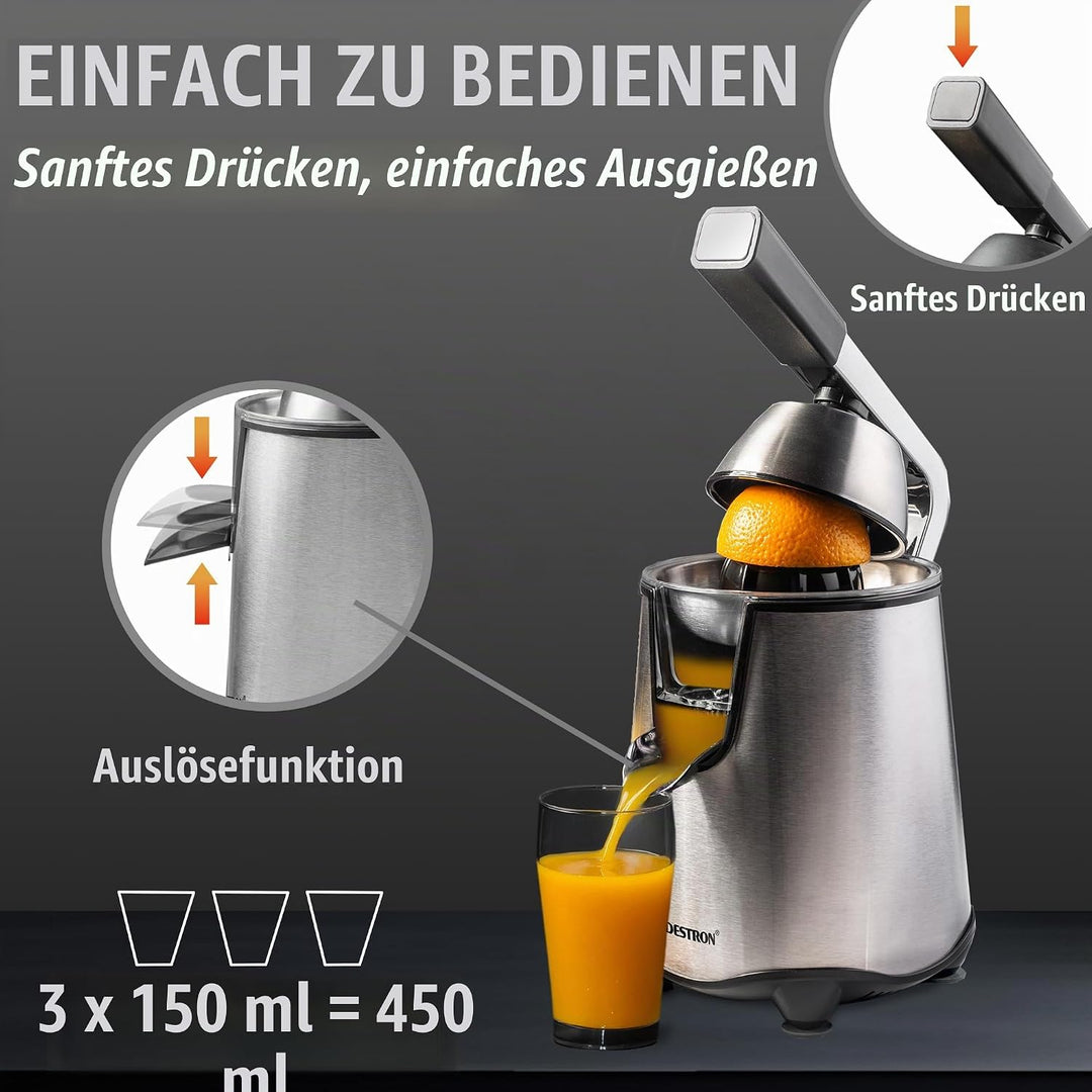 Bestron elektrische Saftpresse, Orangenpresse mit Auslauf-Stopp Funktion &amp; edelstahl Fruchtfleischsi