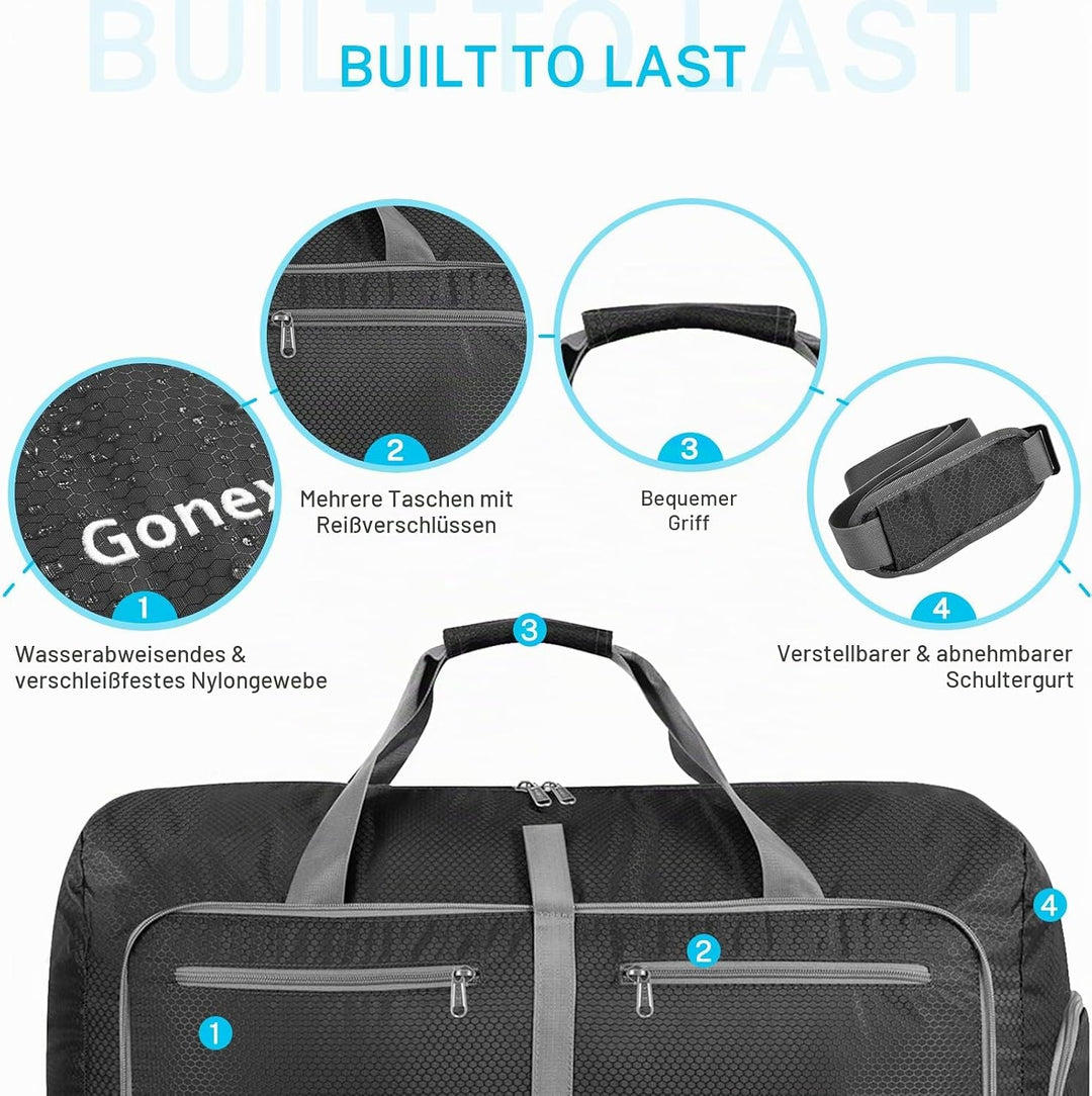 Gonex Faltbare Reisetasche, Leicht mit Schuhfach, 80L, Dunkelgrau | 210D Waben-Nylon, Wasserabweisen