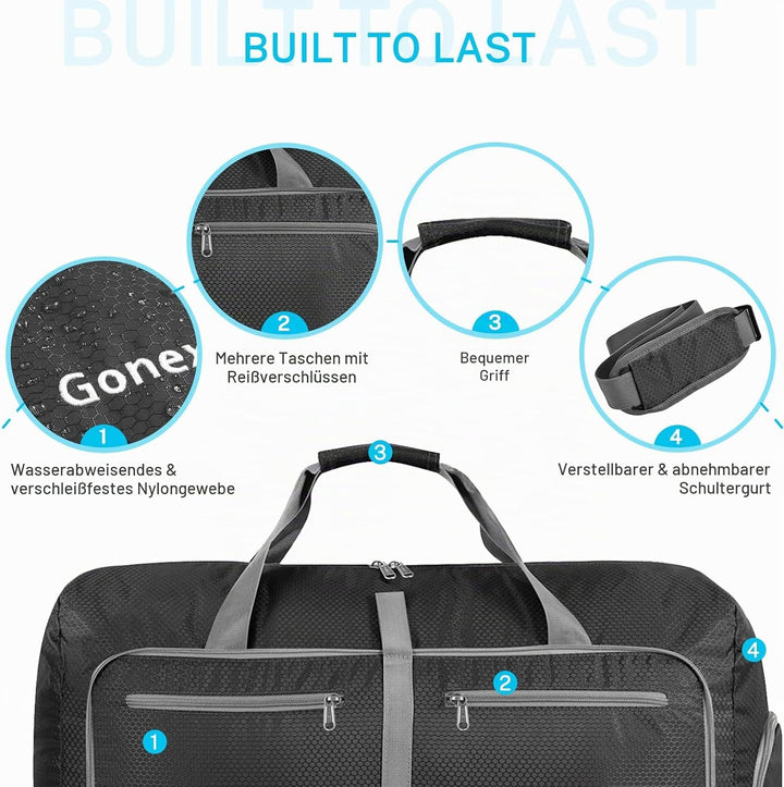 Gonex Faltbare Reisetasche, Leicht mit Schuhfach, 80L, Dunkelgrau | 210D Waben-Nylon, Wasserabweisen