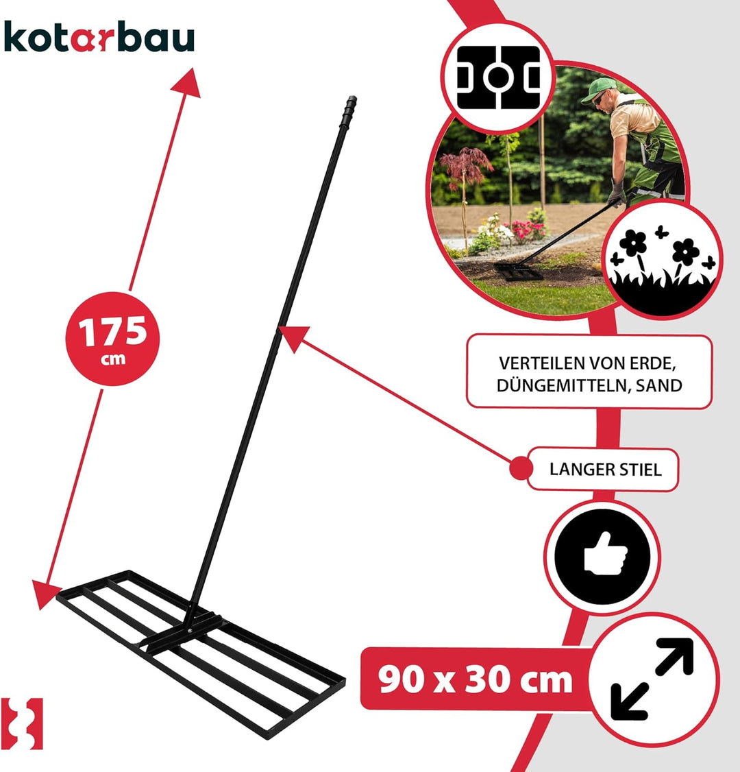 KOTARBAU® Rasenrakel - 90 x 30 cm - Rasen Nivellierrechen - mit Stahlstiel - 175 cm - Gartenwerkzeug