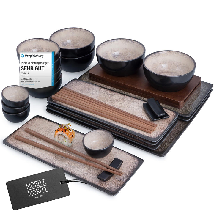 Moritz & Moritz Sushi Geschirr Set für 4 Personen - 29 Teile - Sushi Servierset mit 3X Sushi-Platte