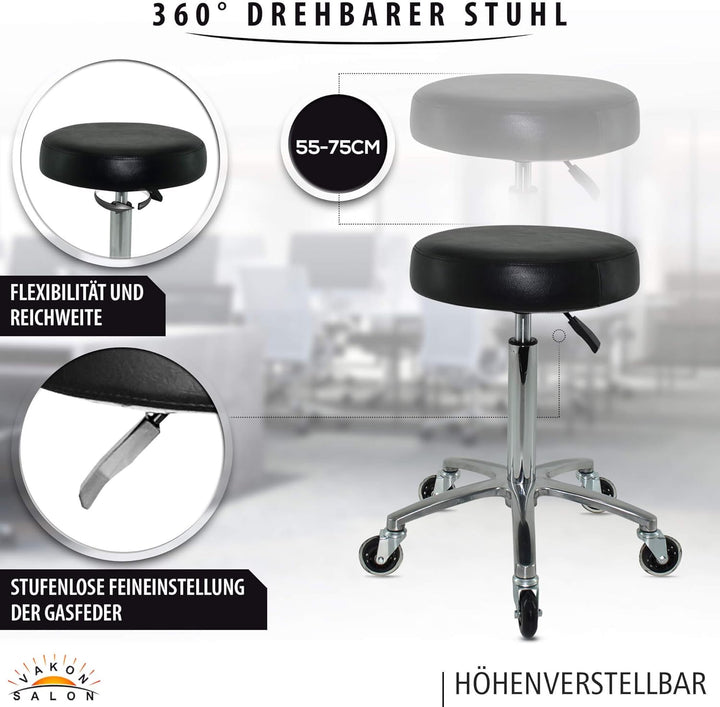 Premium Rollhocker höhenverstellbar von 55 bis 75 cm - Rundsitz - Drehhocker Arbeitshocker Praxishoc
