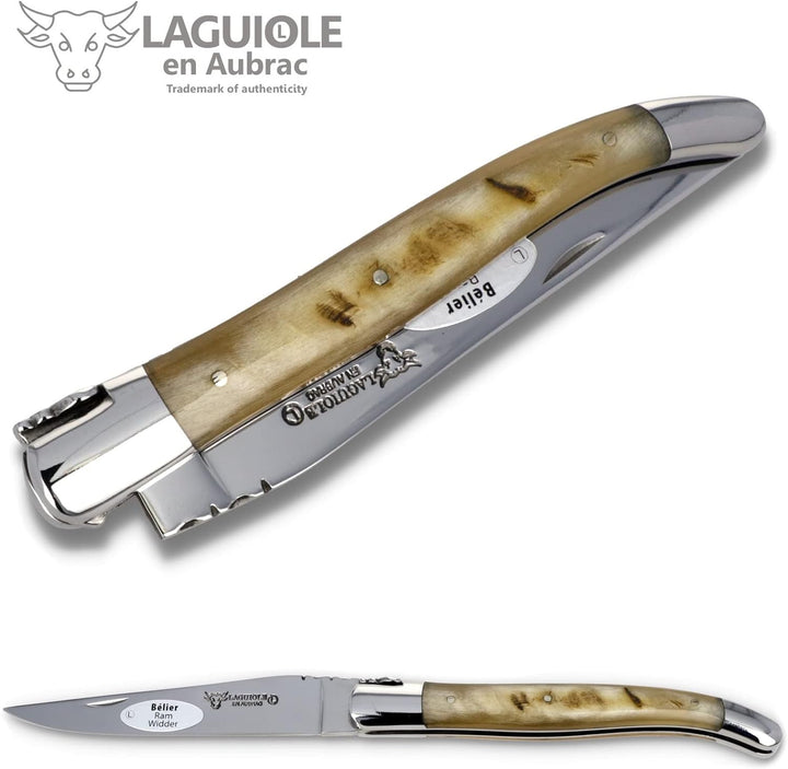 Laguiole en Aubrac Taschenmesser L0212BEIF 12 cm, Klinge 10 cm und Backen glänzend, Griff Widderkrus