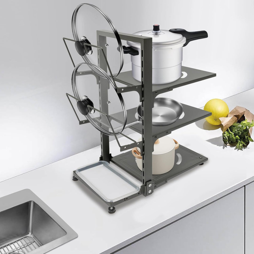 3-stufiger Kochgeschirr-Organizer Topf Organizer Schublade Pfannen 2 Deckelhalter höhenverstellbar 3