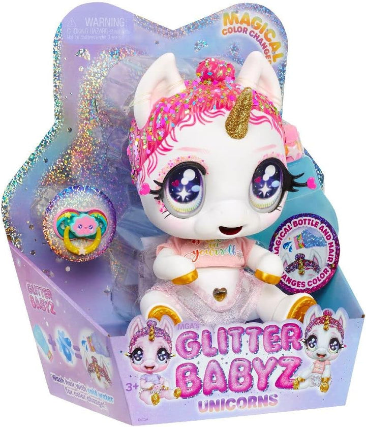 Glitter Babyz MGA Einhorn Baby-Puppe - LUNITA Sky - Mit magischen Farbwechseln, rosa Glitzerhaar, Be