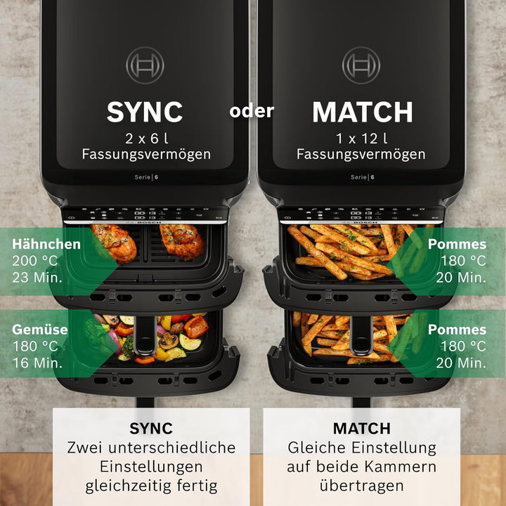 Bosch Serie 6 XXL Heissluftfritteuse, 12 L Doppelkammer, platzsparend, 6 Programme, PFAS frei, schwa