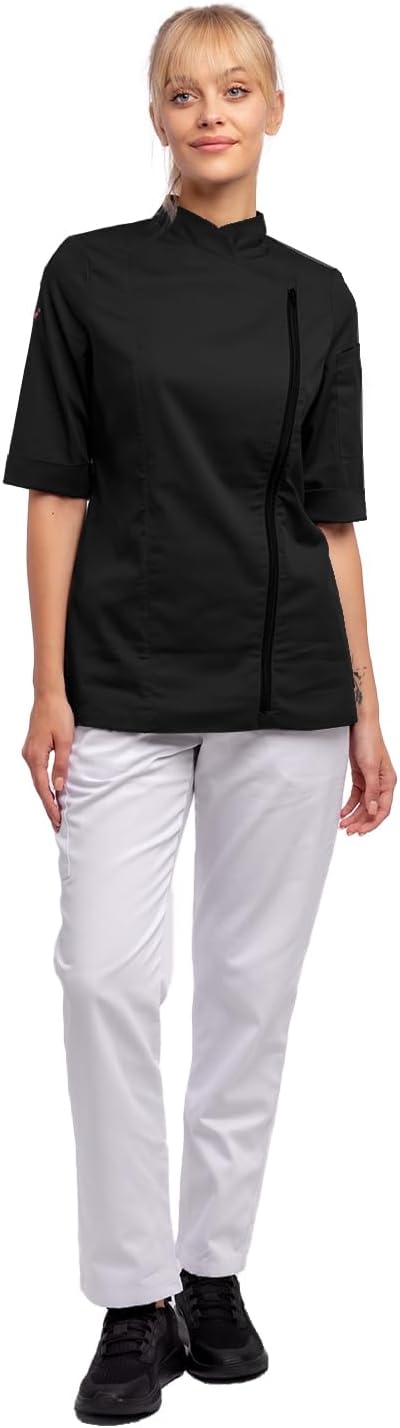 strongAnt Kochjacke Damen kurzarm Stretch mit Druckknöpfen oder Reissverschluss Kochuniform, Schwarz