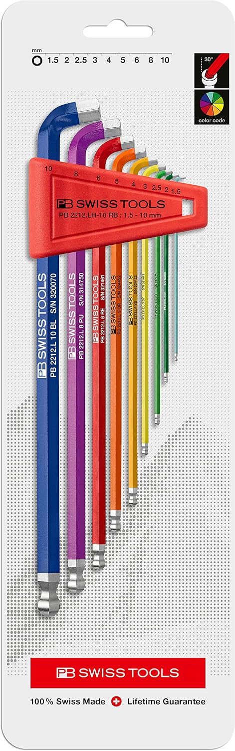 PB SWISS TOOLS 100° Innensechskantschlüssel Set 1,5-10 mm, 2212.LH-10 RB CN 9-tlg. (1,5/2/2,5/3/4/5/