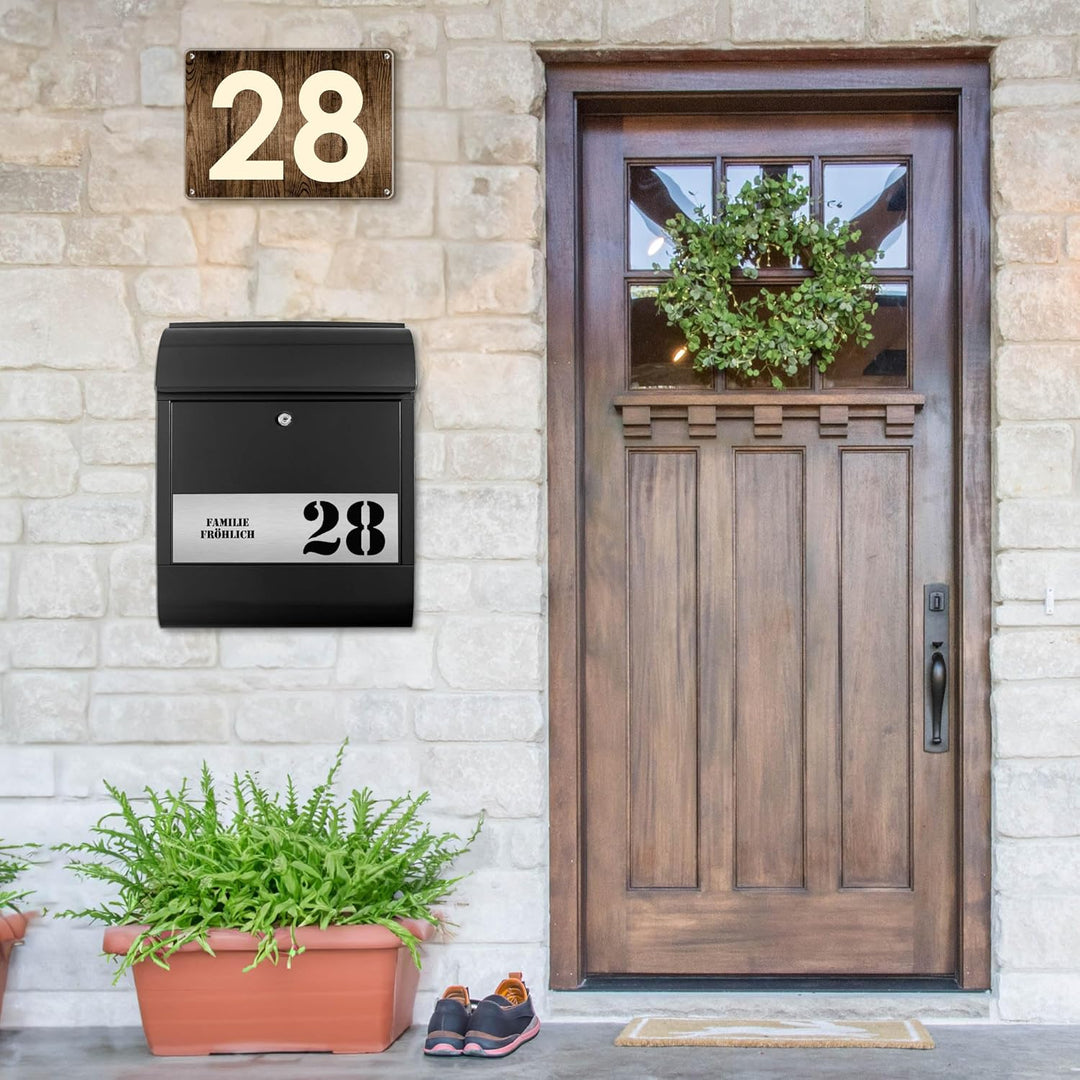 banjado® Briefkasten personalisiert mit graviertem Namensschild in Silber/Briefkasten schwarz 39x47x