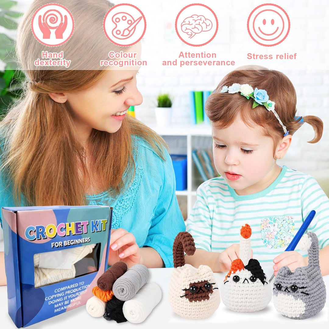Yunlaishaocer Häkelset für Anfänger,3 Stück Süsse Gehäkelte Katzen Crochet Set,Starter-Set mit Video