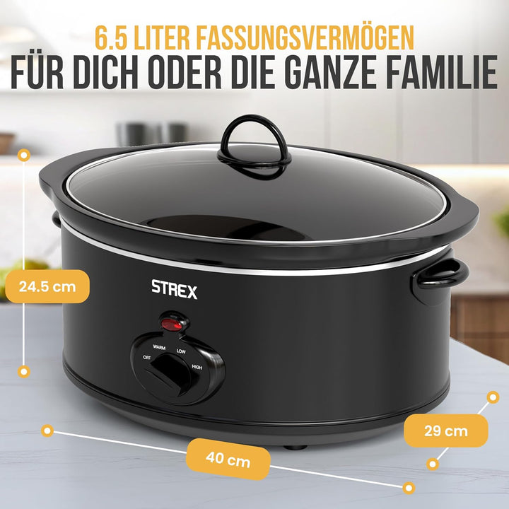 Strex Schongarer Slowcooker 6.5L - Herausnehmbarer Keramik-Innenbehälter - Warmhaltefunktion - Slow