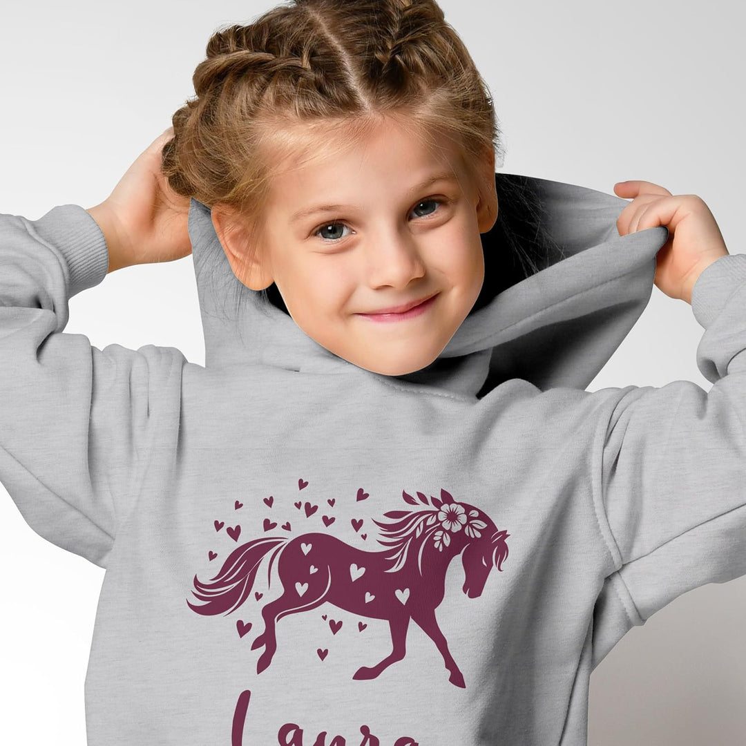 Kinder Hoodie Mädchen Pferde Herzen Motiv Mädchengeschenke mit Pferde Herzchen Print Pferd Blumen 5