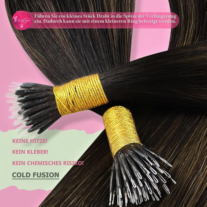 YoungSee Extensions Echthaar Nanoring Ombre 45 CM Nanoring Extensions Braun Ombre Nano Extensions 1g