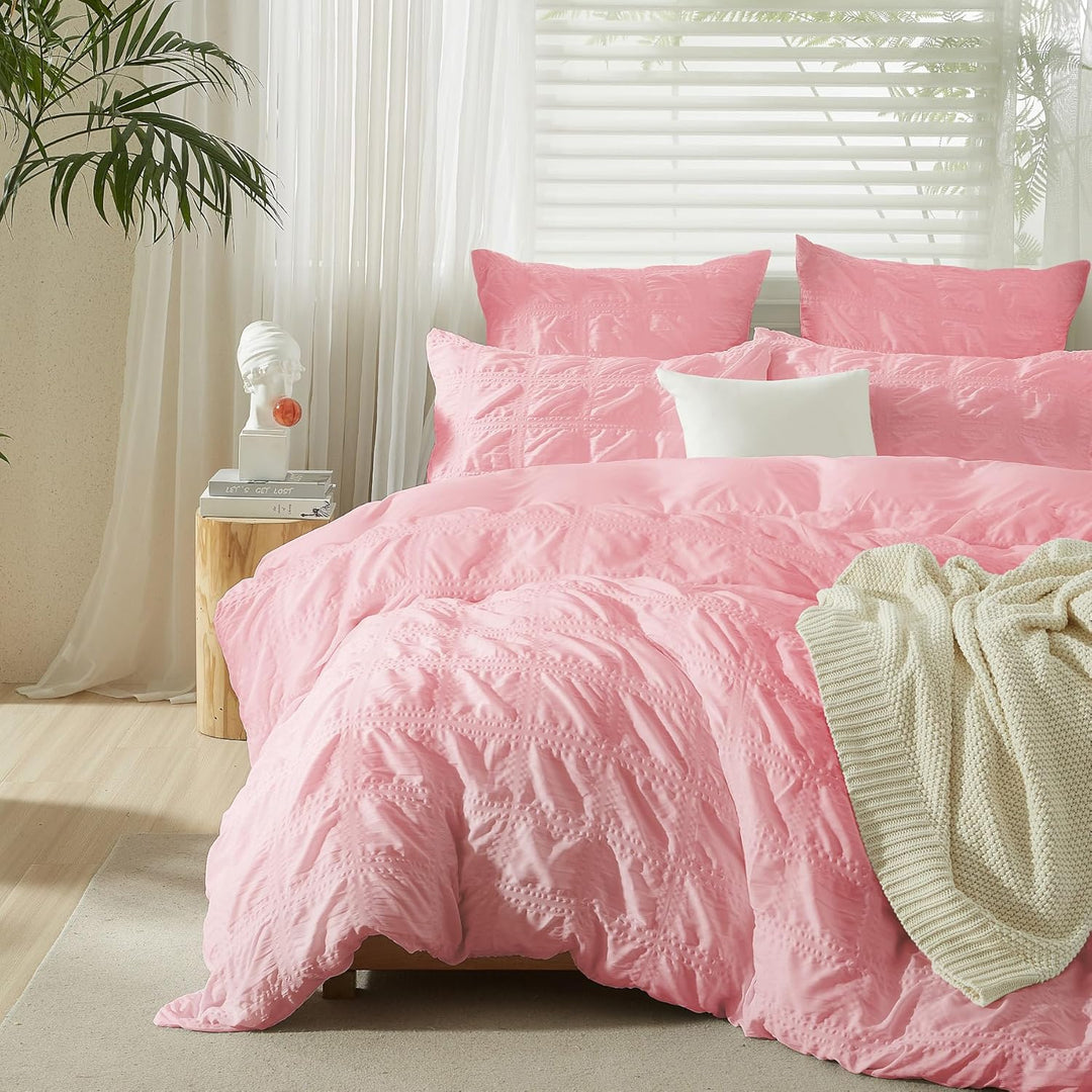 Seersucker Bettwäsche 135x200 Rosa Kariert Bettbezug Set Weich Atmungsaktiv Mikrofaser Bettwäsche Mo