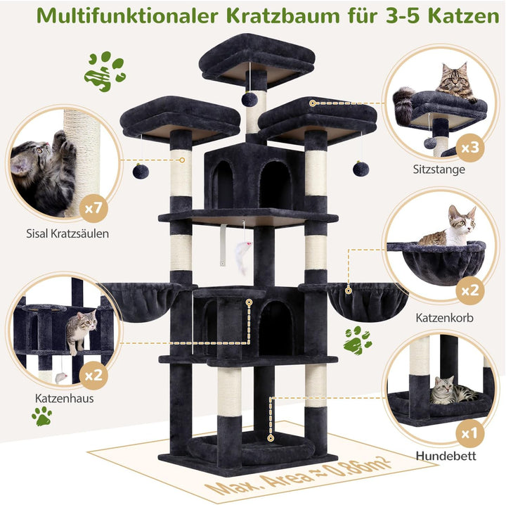 Globlazer Kratzbaum Stabil 174 cm mit 3 Gepolsterte Sitzstangen, 2 Katzenhaus, 2 Korb, Abnehmbares H