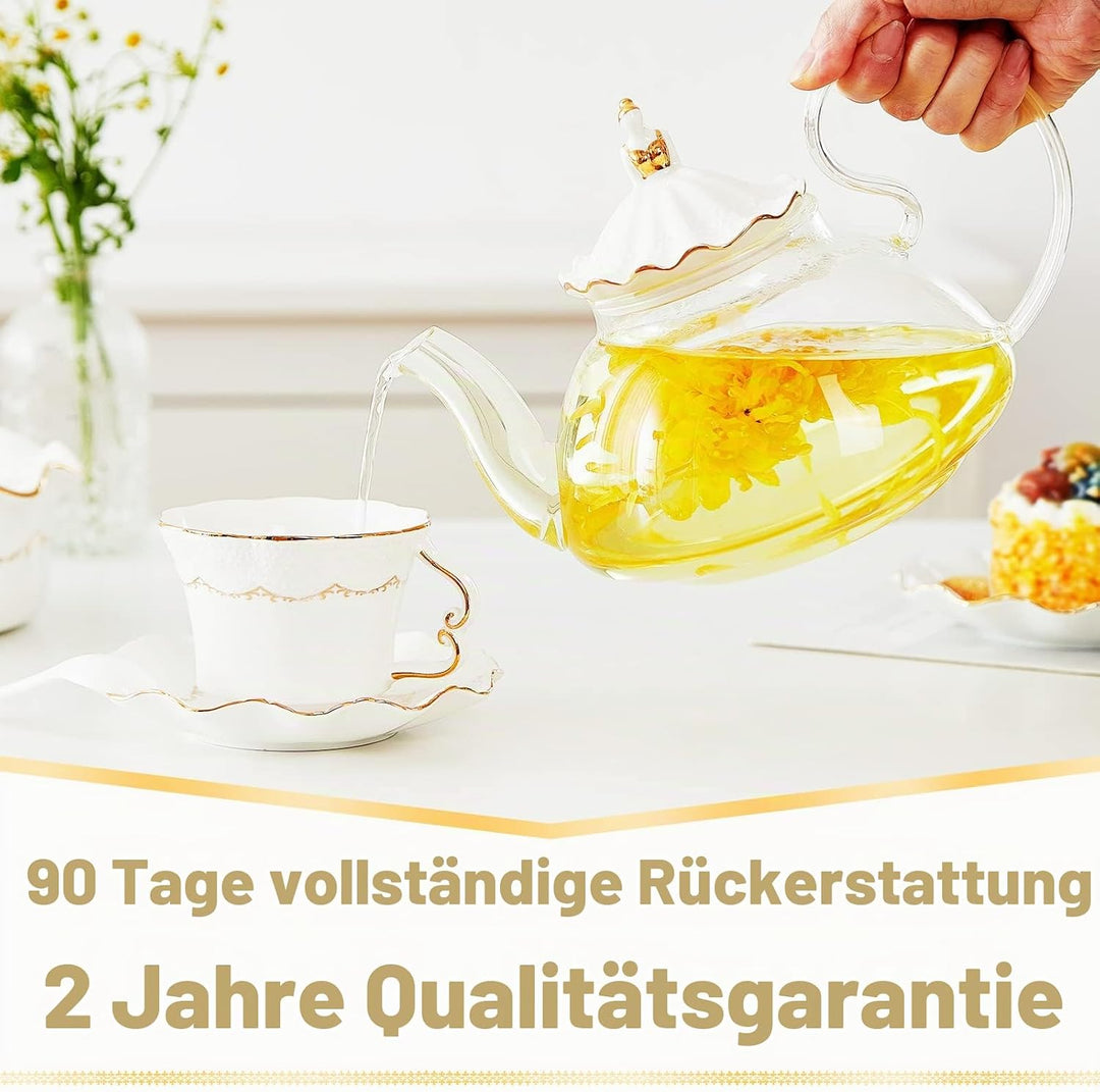 DUJUST Teekannen mit Stövchen Set, Luxuriöses Britisches Design mit Reliefdekor und Goldverzierungen