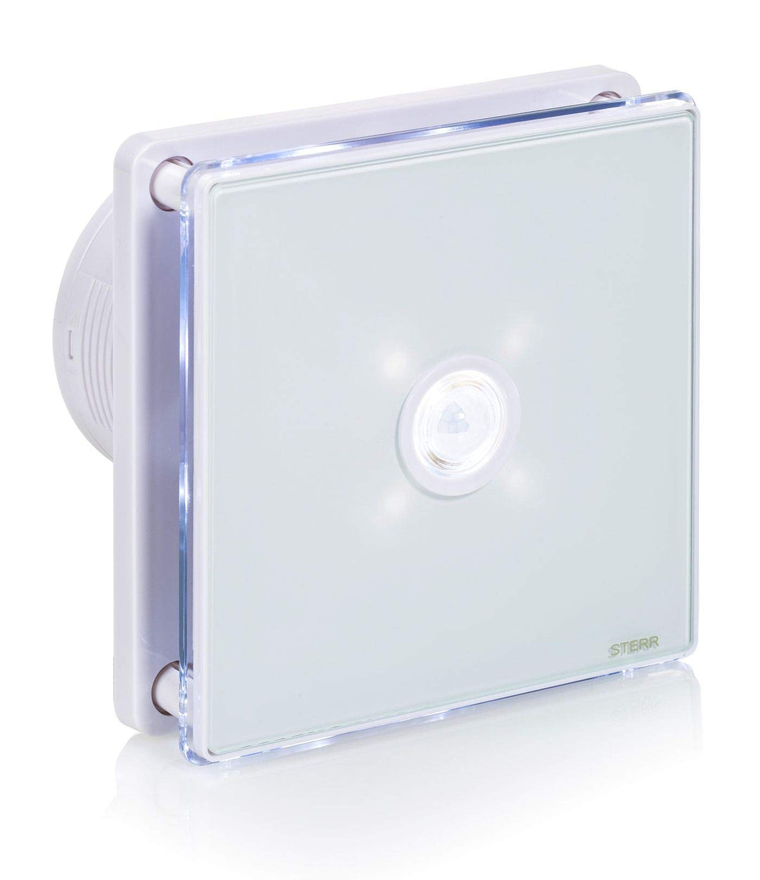 STERR Weisser Badlüfter 100 mm mit LED + PIR - Badezimmerventilator - Glasfront - Modernes Aussehen
