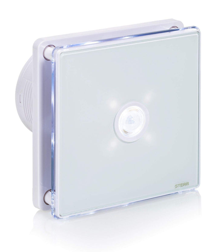 STERR Weisser Badlüfter 100 mm mit LED + PIR - Badezimmerventilator - Glasfront - Modernes Aussehen