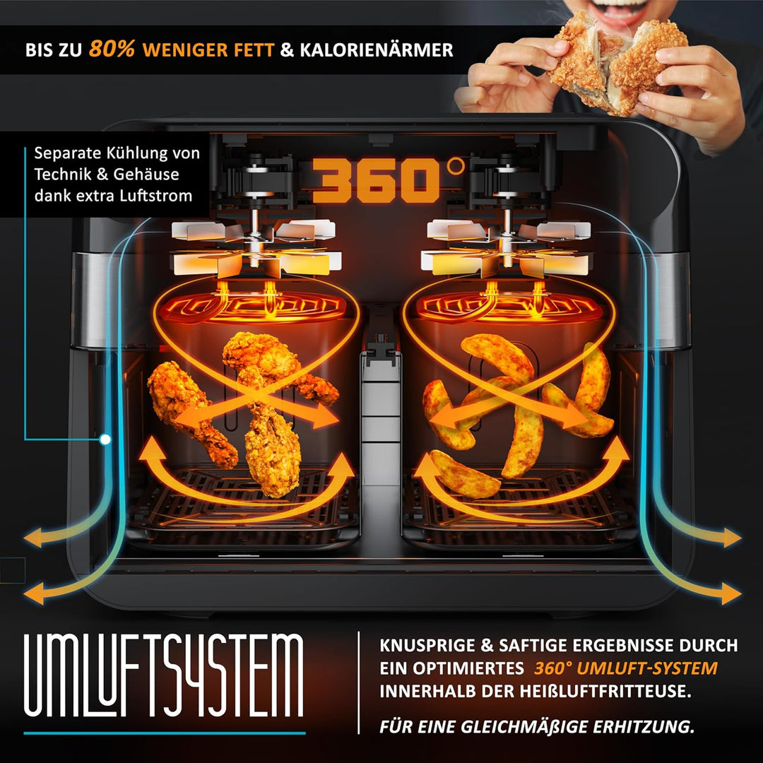 Arendo - Heissluftfritteuse 9L mit 2 Kammern - XXL Kapazität - 2 Fächer – Airfryer Backofen - 8 Prog