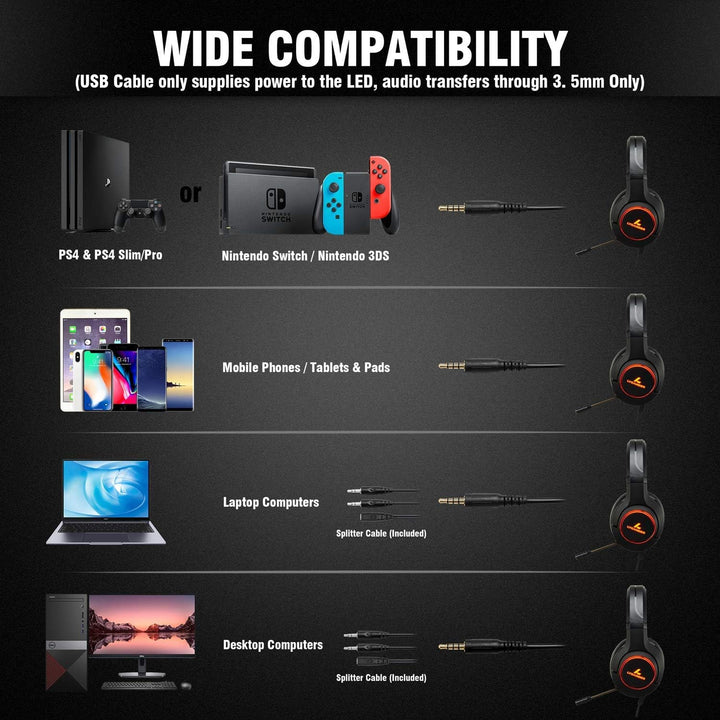 LYCANDER Gaming-Headset mit Mikrofon und LED-Licht, 3,5 mm Eingang, für PC, PS4, Xbox One, Nintendo