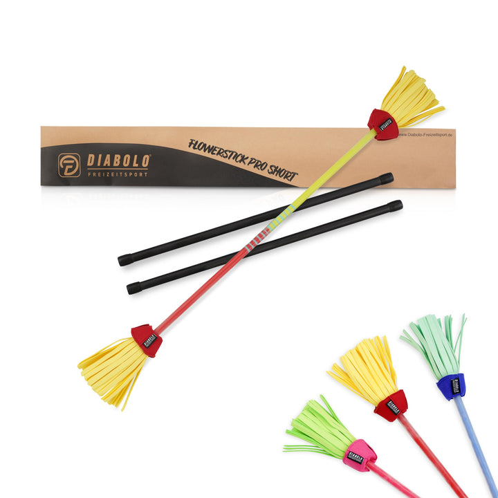 Diabolo Freizeitsport Flowerstick Pro Short (gelb-rot) - kurzer Flowerstick aus Fiberglas inkl. 2 Ha