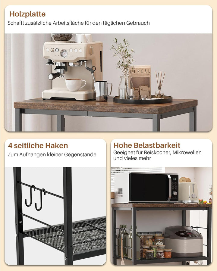 Metall Küchenregal mit Arbeitsplatte, 3 Ebenen Servierwagen mit Rollen für Mini-Backofen, Mikrowelle