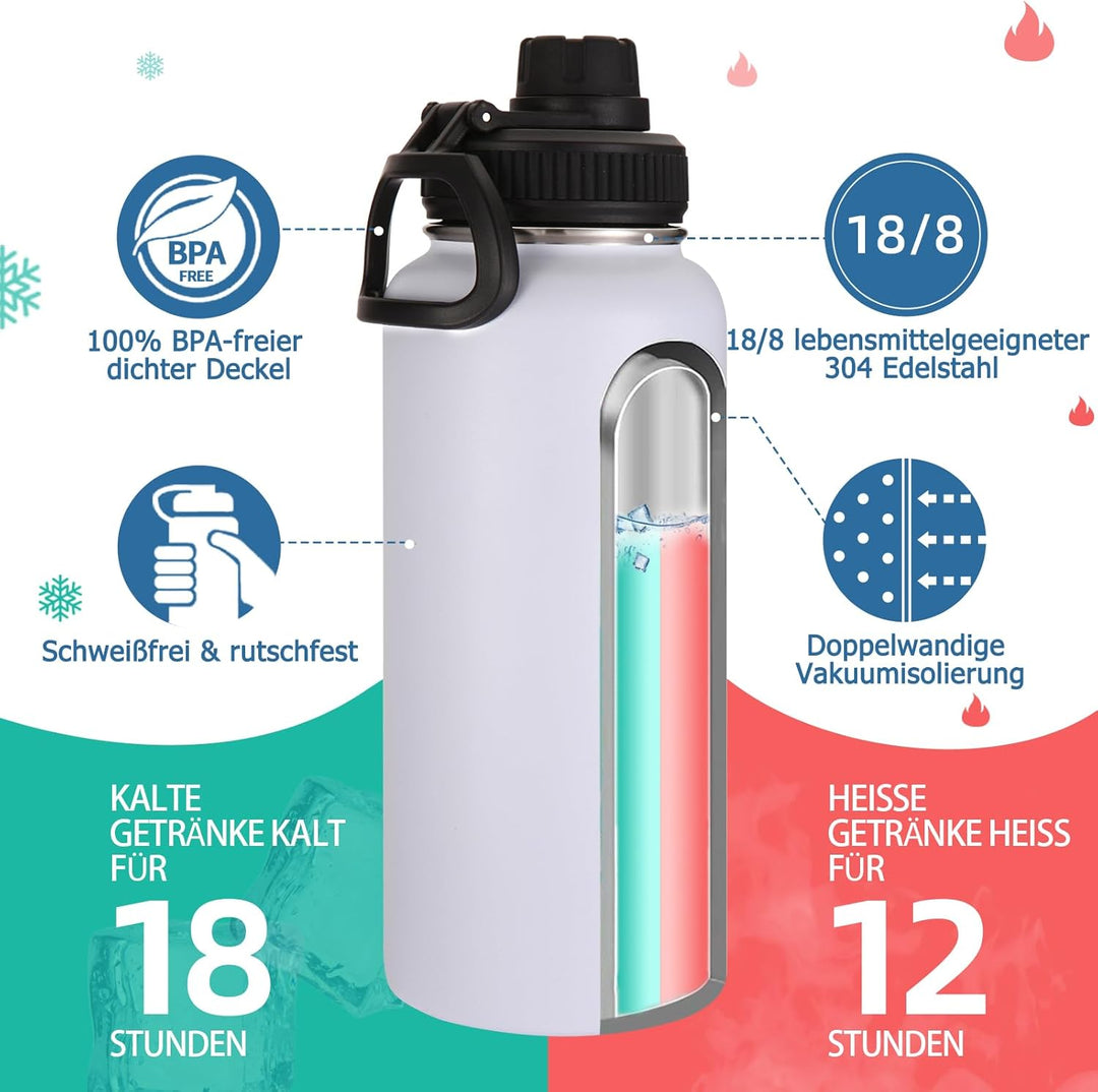 Volhoply 1 Liter Trinkflasche Edelstahl Zwei Packungen,Doppelwandig Vakuum Isolierte Thermosflasche