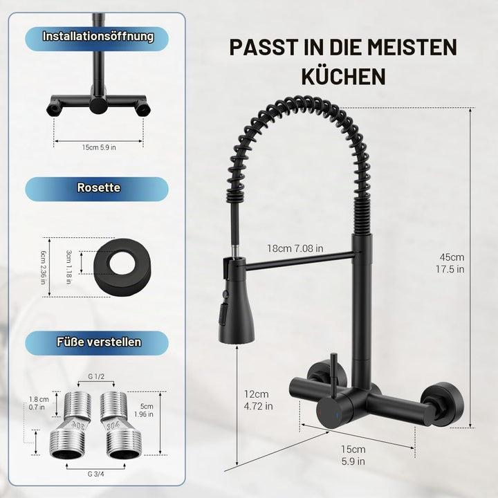 APPASO Wasserhahn Wandmontage (15cm Lochabstand) | Schwarz Matt armatur küche 3 Strahlarten &amp; 360° d