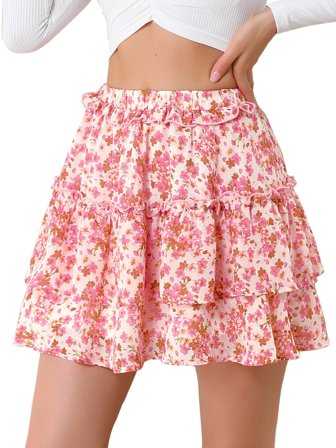 Allegra K Damen Stufenrock Mini A-Linie Geschichtet Chiffon Blumen Kurz Minirock Rock S Rose, S Rose