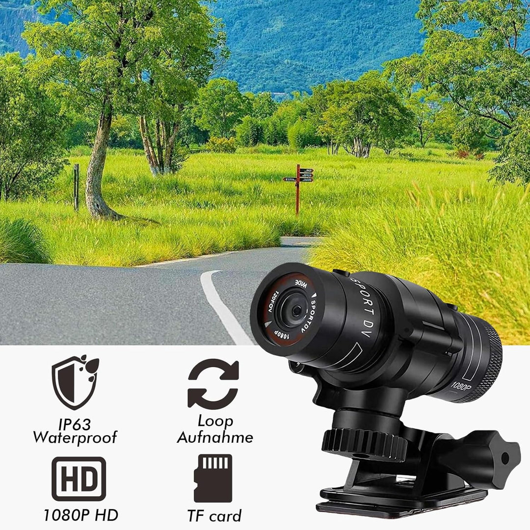 1080P HD Action Cam, 120° Weitwinkel Helmkamera, IP66 Dashcam Fahrrad mit 64GB Speicherkarte & 1000m