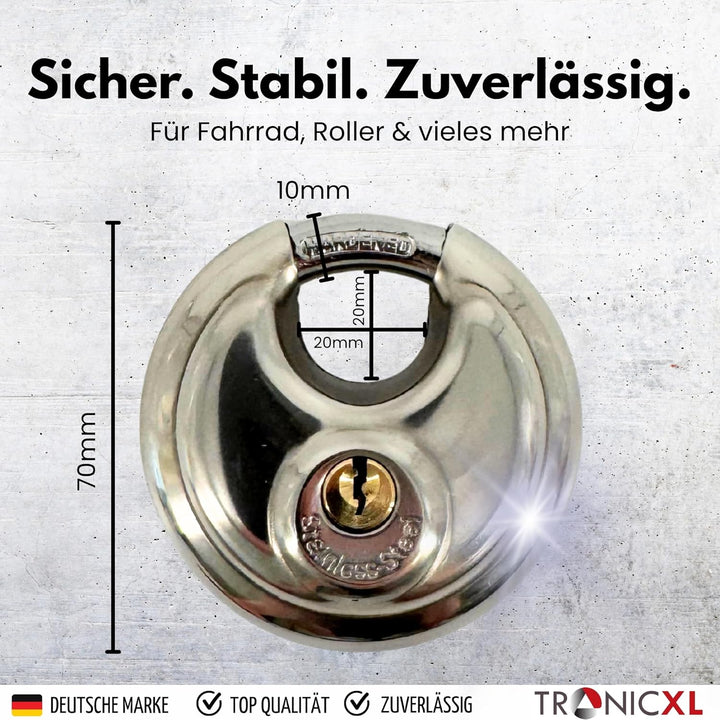 TronicXL Rundbügelschloss Sicherheits Vorhängeschloss 10mm Bügelstärke Edelstahlkorpus I Messingschl