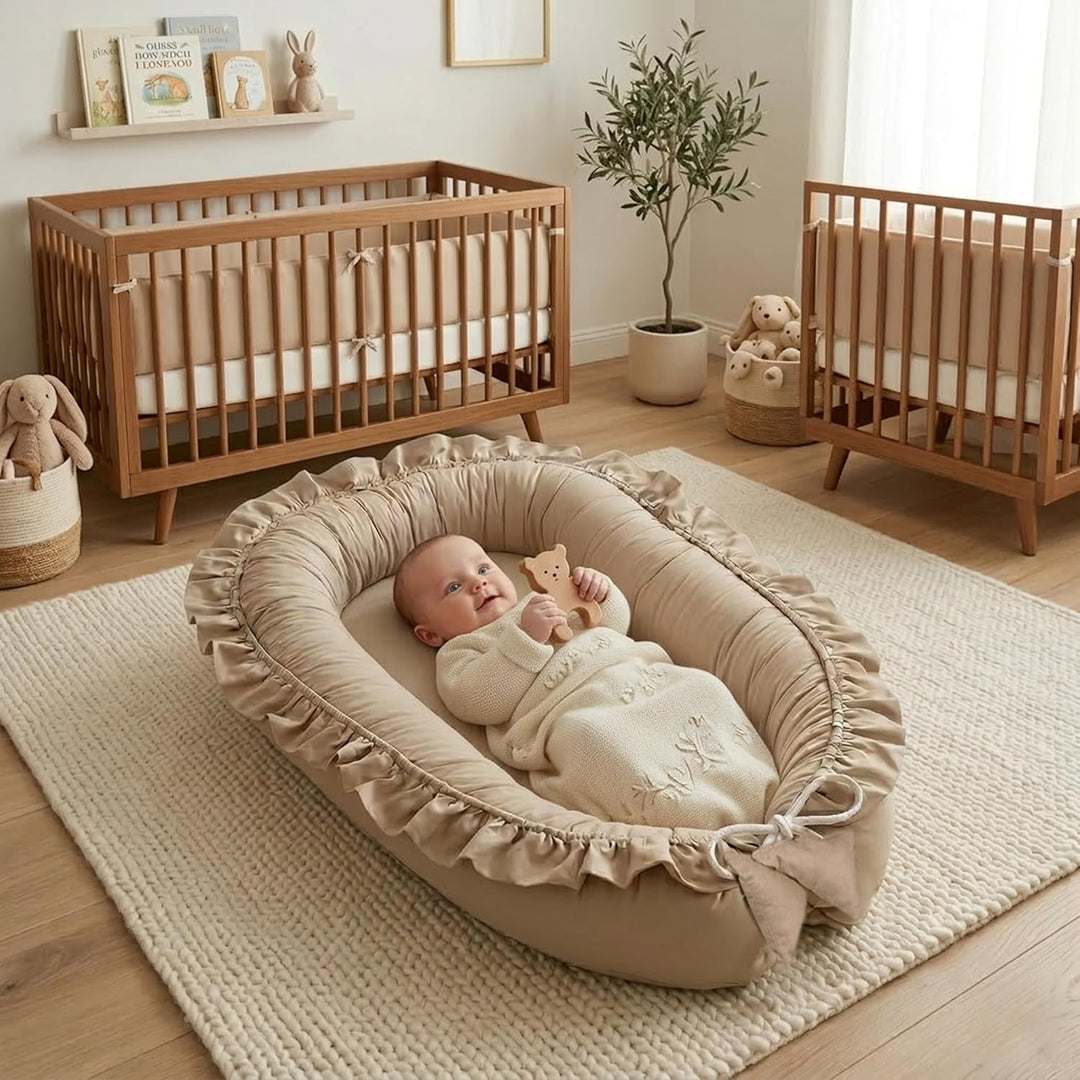 PIMKO Babynest mit rüschen Babynestchen für Baby Kuschelnest Babykokon für Säuglinge und Neugeborene