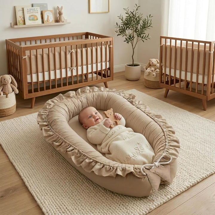 PIMKO Babynest mit rüschen Babynestchen für Baby Kuschelnest Babykokon für Säuglinge und Neugeborene