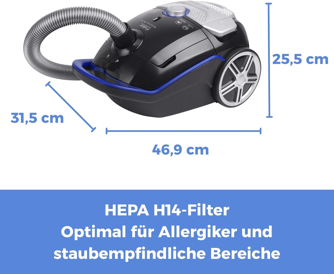 Fakir Blue Vac Power TS 721 Staubsauger mit Beutel 800W, Bodenstaubsauger mit Kabel, HEPA H14 Filter
