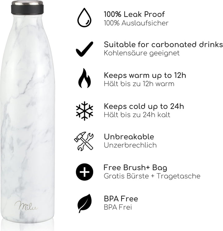 Milu Edelstahl Trinkflasche 350ml 500ml 750ml 1L 1,5L Thermosflasche Isolierte Wasserflasche Auslauf