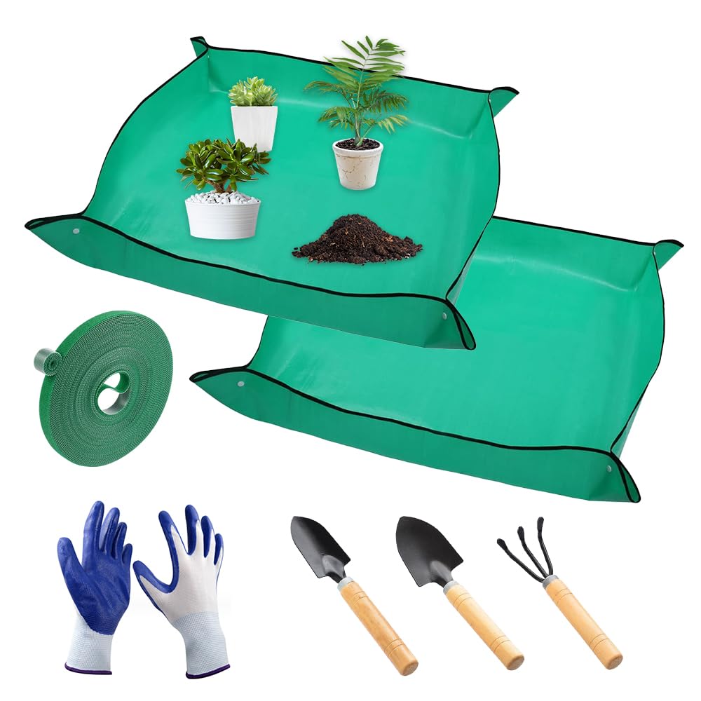 2 Stück Pflanzunterlage, 100x100cm wasserdichte Gartenmatte Pflanzmatte mit 3 Gartenschaufel, Handsc