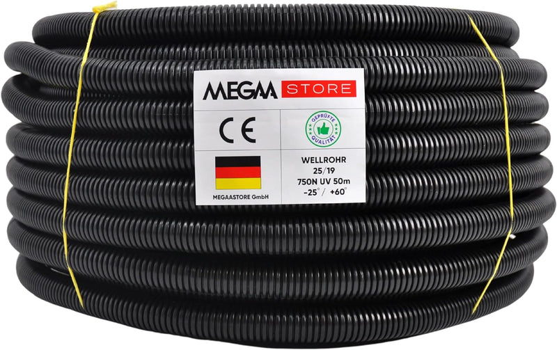 Megastore Flexibles Leerrohr Wellrohr 750N Schwarz| Klassifizierung M16 M20 M25 M32 M40 M50 Kabelsch