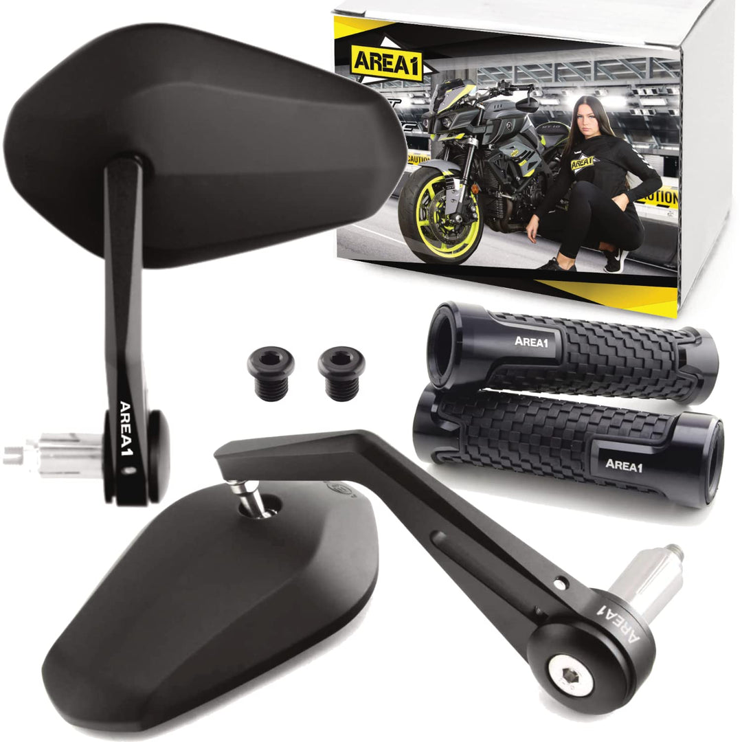 Area1 Styling Set - Motorrad Lenkerenden Spiegel Set e-geprüft + Gewindeabdeckung + Lenkergriffe. Ko